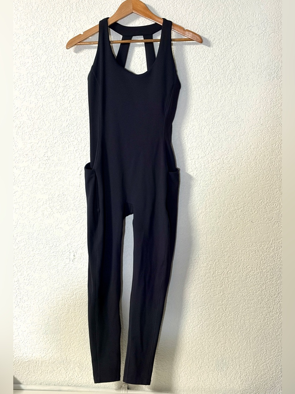 Women's Black Strappy Racerback Yoga Athletic bodysuit Jumpsuit with Pockets